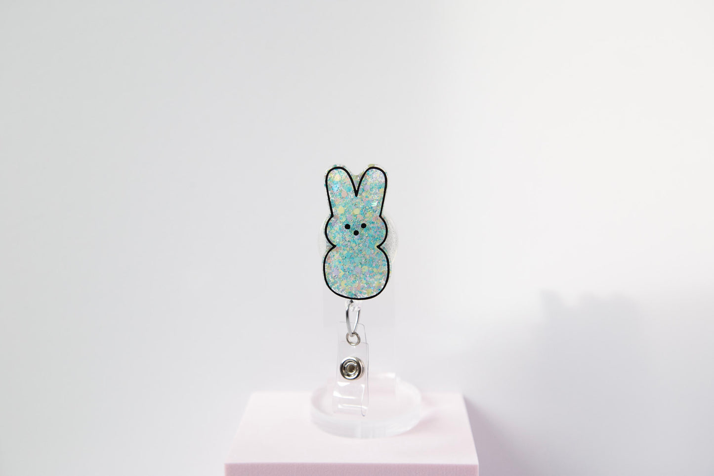 Peep Easter Bunny badge reel, Custom Glitter Retractable ID Holder