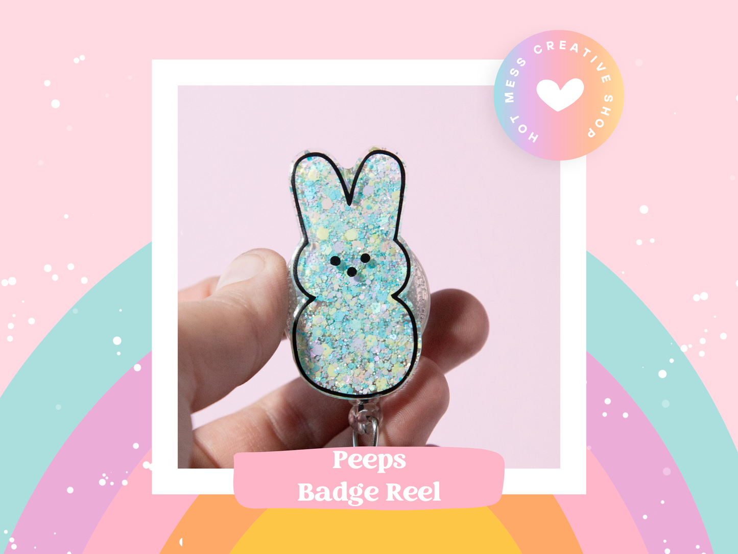 Peep Easter Bunny badge reel, Custom Glitter Retractable ID Holder