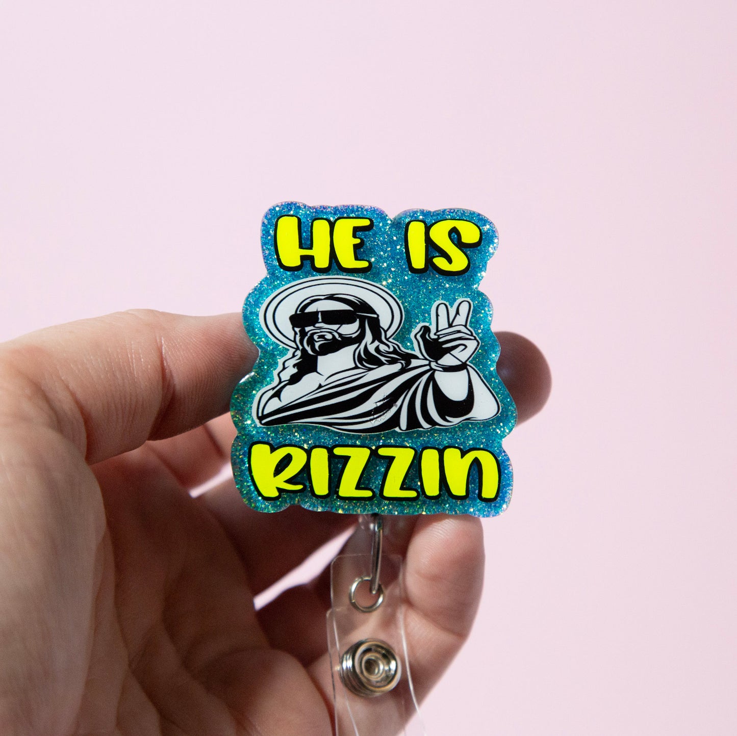 He is Rizzin Badge Reel Funny Glitter Badge Reel