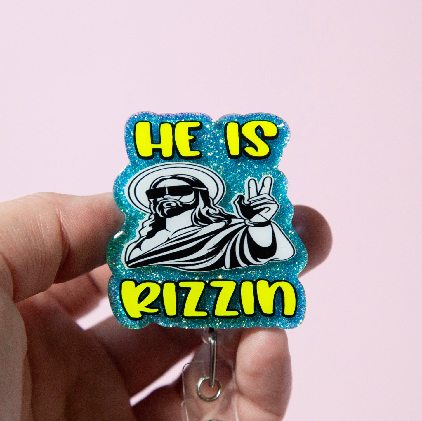 He is Rizzin Badge Reel Funny Glitter Badge Reel