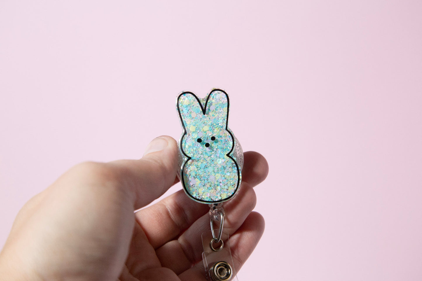 Peep Easter Bunny badge reel, Custom Glitter Retractable ID Holder