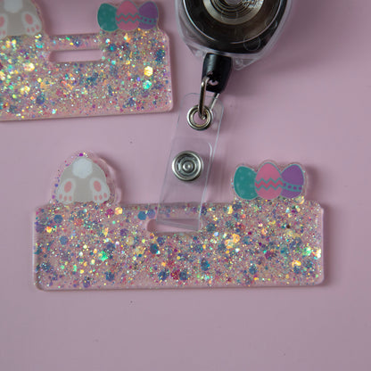 Bunny and Eggs Mini Badge Buddy, Spring Glitter Badge Topper