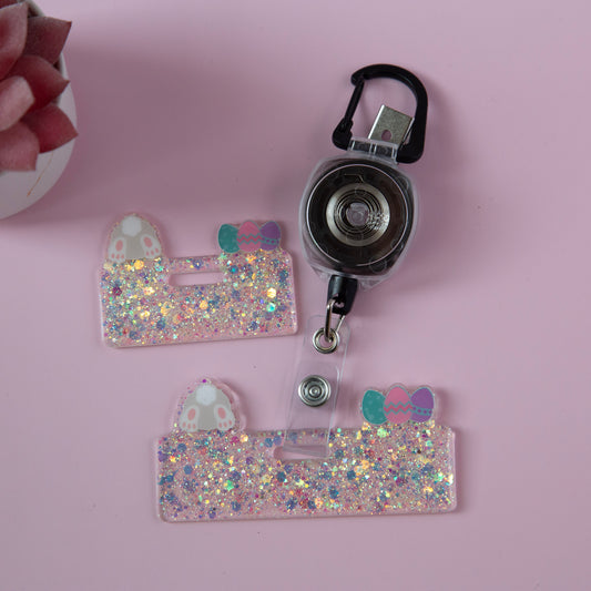 Bunny and Eggs Mini Badge Buddy, Spring Glitter Badge Topper