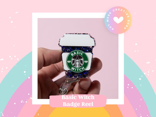Basic Witch Coffee Badge Reel, Retractable ID Holder