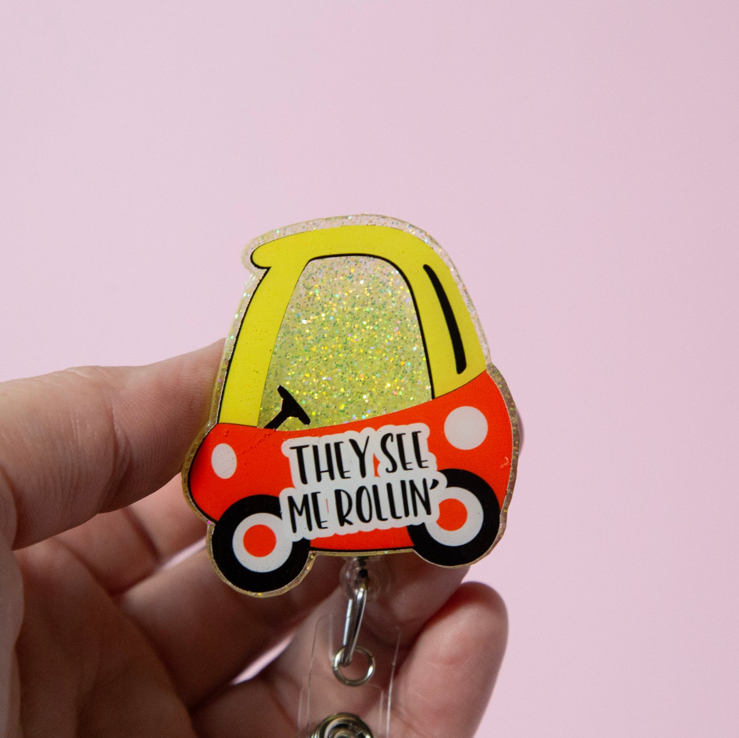 They See Me Rollin Toy Car Glitter Badge Reel