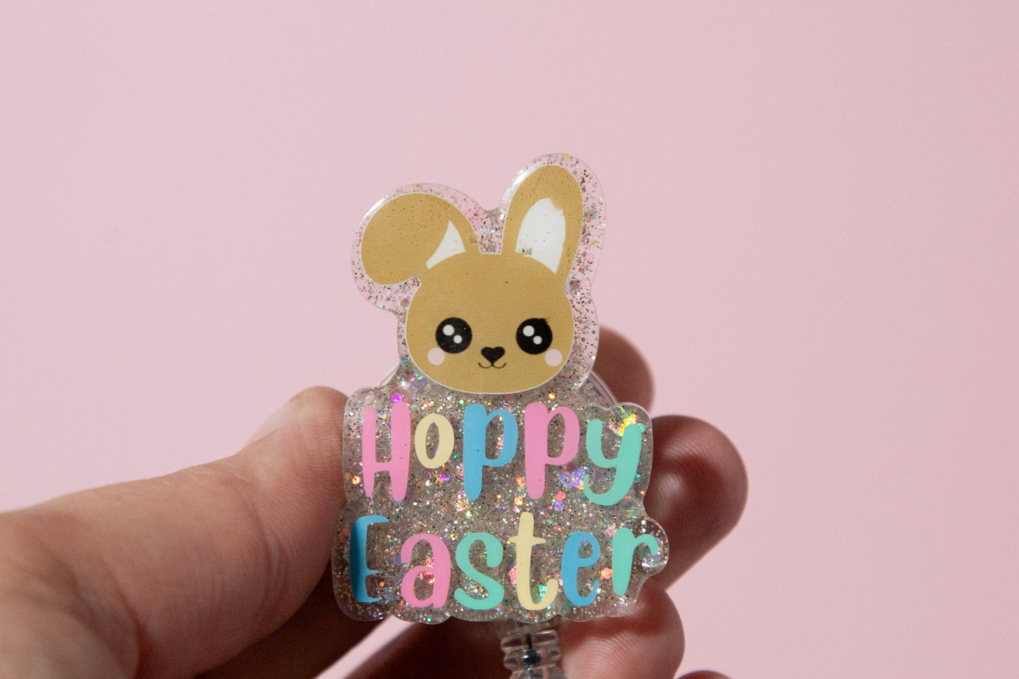Hoppy Easter Bunny badge reel, Custom Glitter Retractable ID Holder