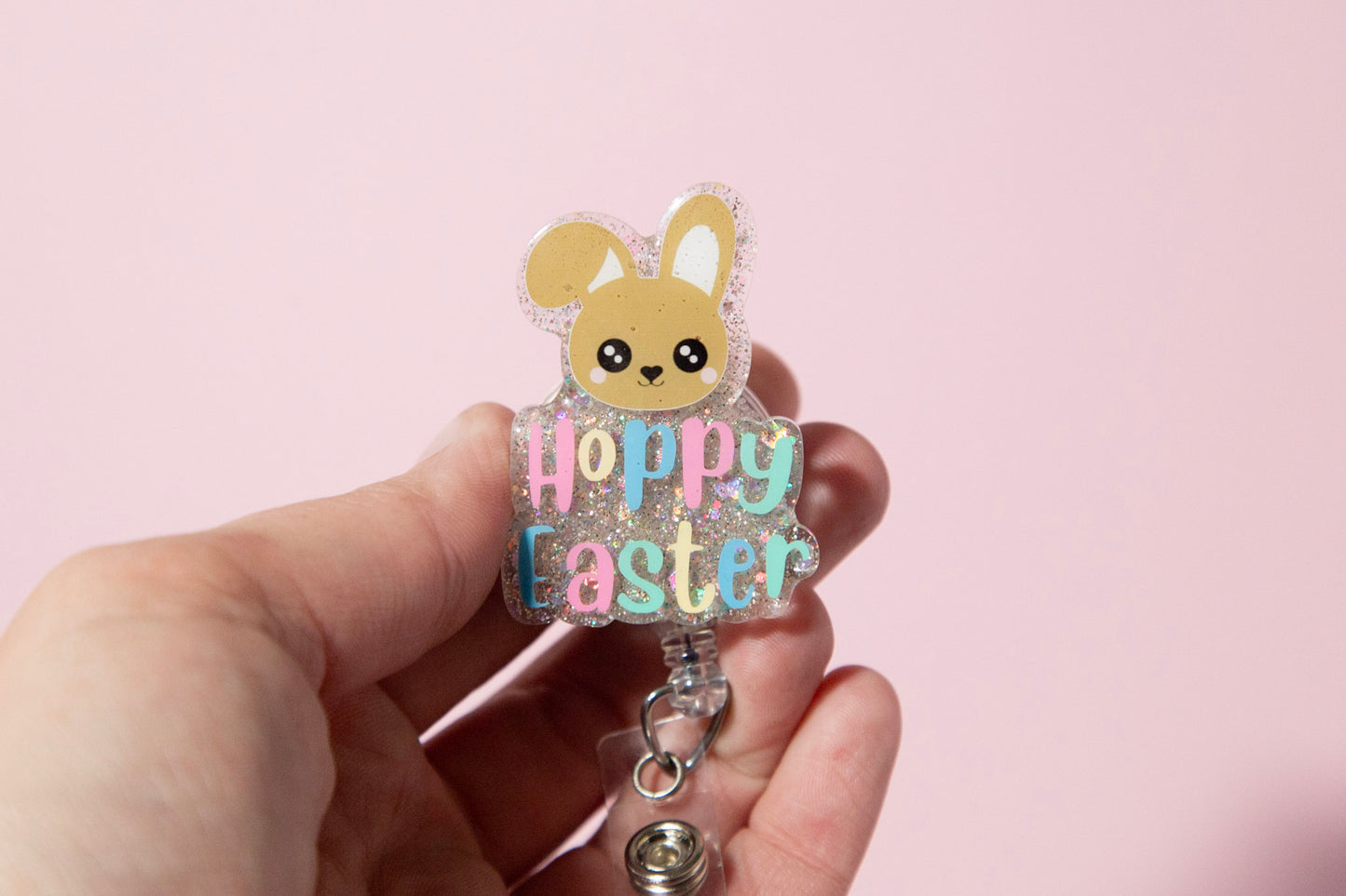Hoppy Easter Bunny badge reel, Custom Glitter Retractable ID Holder
