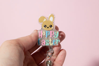 Hoppy Easter Bunny badge reel, Custom Glitter Retractable ID Holder